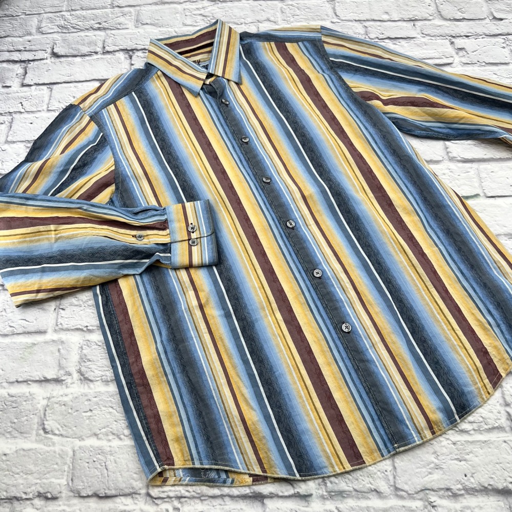 Tommy Bahama Denim Mens Large Blue Yellow Striped Long Sleeve Button Down Shirt